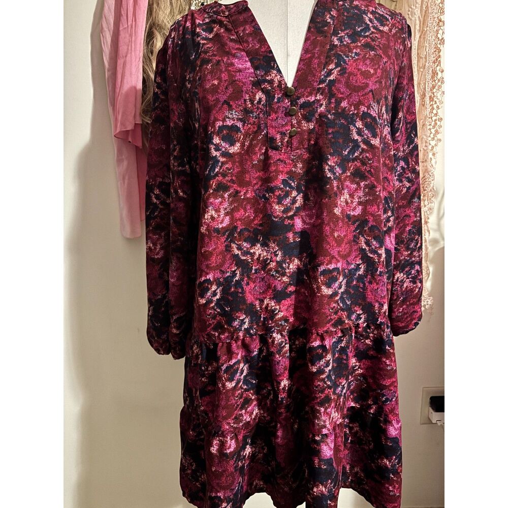 Time and Tru Tiered Dress Wine Floral Boho Long Sleeve Henley V-Neck
